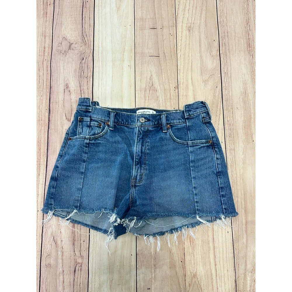 Abercrombie & Fitch High Rise Mom Shorts Panelled Denim Raw Hem Blue Womens 12